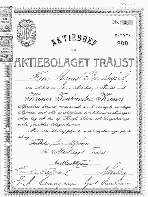 Aktiebolaget AB Trälist, Aktiebrev